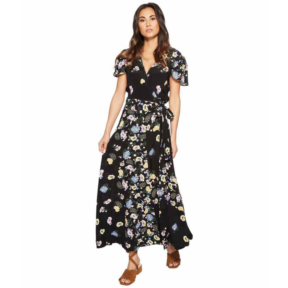 Free People Gorgeous Jess True Wrap Maxi Dress XS V-Neck Feminine Black Floral